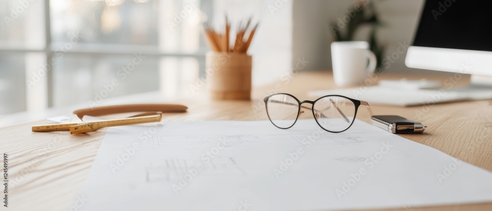 Poster modern industrial workspace precision tools, blueprints and calculations on wooden desk - engineerin