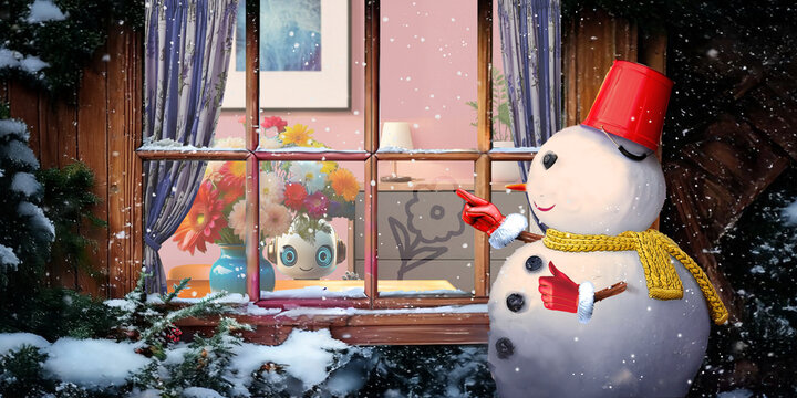 「春に、溶けてしまう雪だるまのボンは生まれて初めて、窓越しに、花を見た、感動したボンは思わず、窓ガラスに花の絵をかきました。」という子供ロボットのケンの設定。