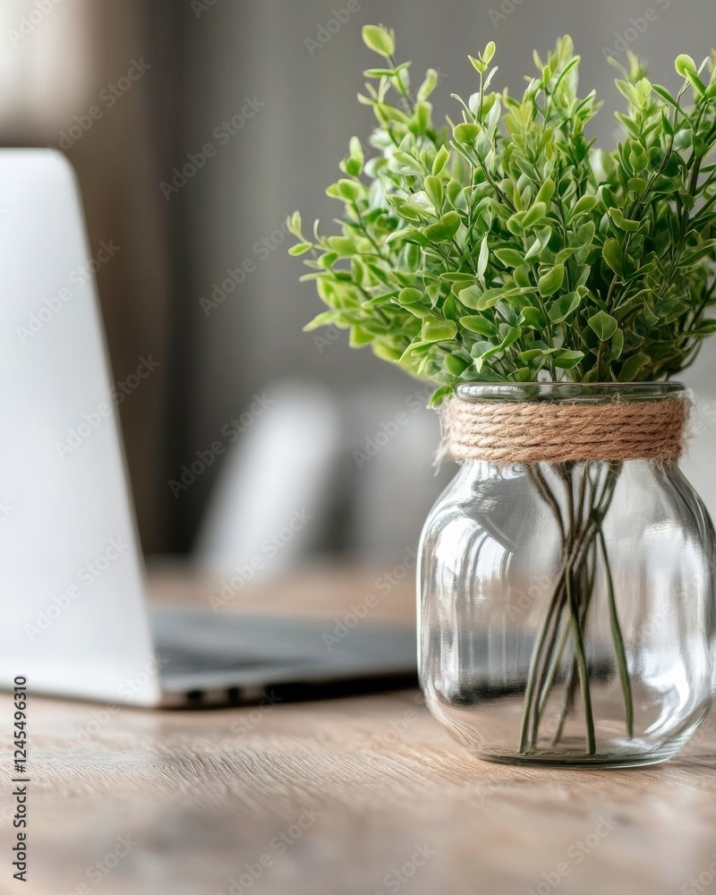 Poster nordic minimalist workspace eco-friendly glass vase with greenery on rustic wooden desk - sustainabl
