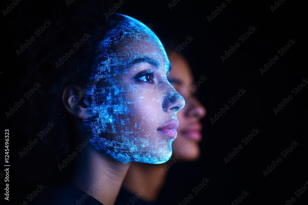 Poster Neo-Tech Holographic Interface Digital Face Mapping with Diverse Youth - Innovative Diversity Integration for Modern Business and Advanced AI Development Solutions