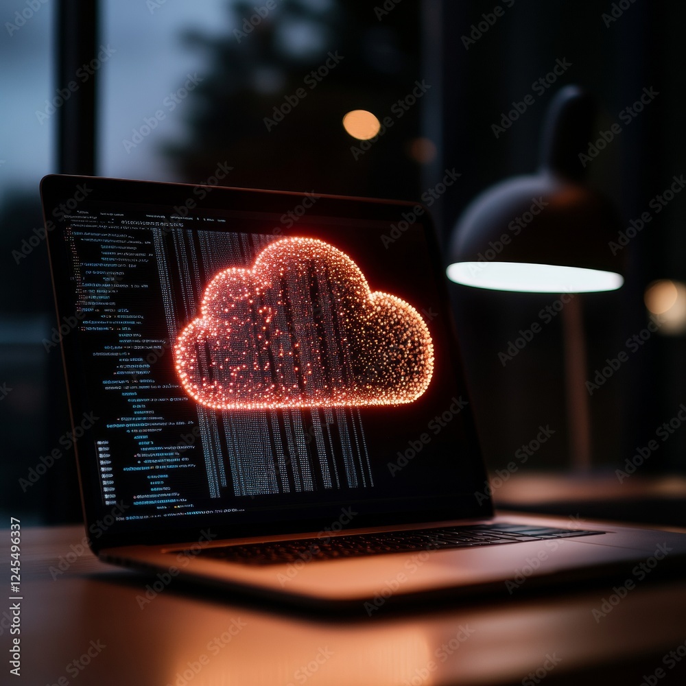 Poster Neon Cloud Icon on Laptop Digital Network Interface in Sleek Workspace - Cutting-Edge Tech Services Content and Visualizing Cloud Solutions for Business Innovation