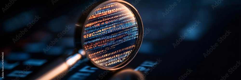 Poster Futuristic Cybersecurity Interface Magnifying Glass on Digital Code Matrix - Cutting-Edge Data Analysis and Threat Detection for Tech-Driven Forensic Solutions
