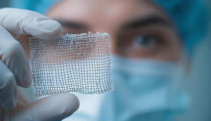 Close-up view of a scientist in surgical gloves holding a piece of biocompatible mesh for medical applications, innovative biomedical technology.