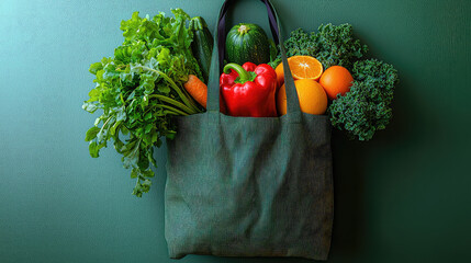 Green reusable shopping bag filled with fresh produce carrots, peppers, oranges, zucchini, kale, and parsley against a green background.