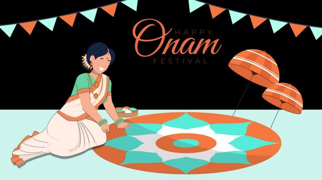 Illustrate Onam traditions using vector characters, focusing on cultural vibrancy, Kerala landscapes, and joyful celebrations in a detailed yet scalable style.