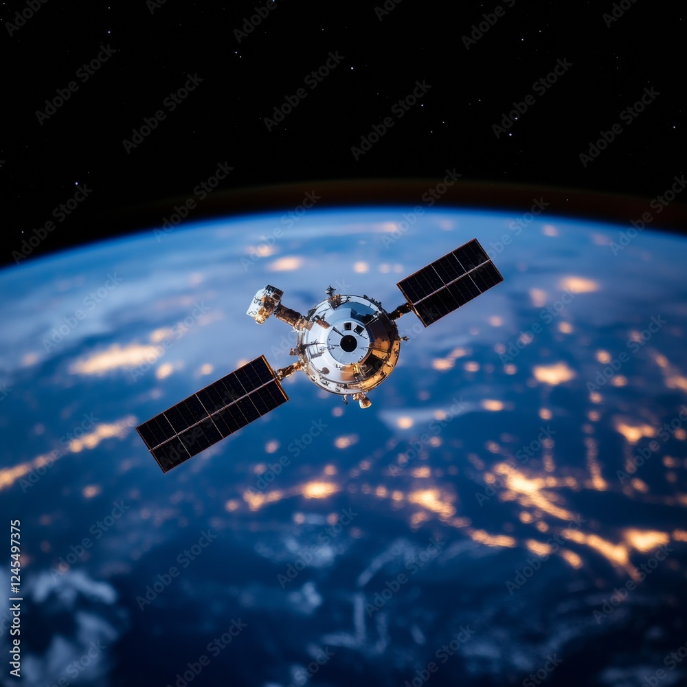 Poster cutting-edge satellite design high-tech metal texture with solar panels in orbit space industry insi