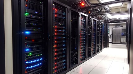 Naklejka premium Server room with rows of network servers.