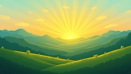 Sunrise over rolling green hills and distant mountains, idyllic landscape