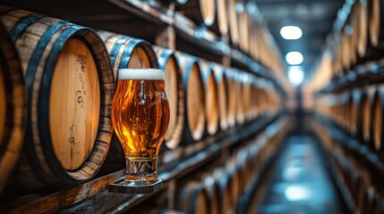 Golden beer in a glass sits on a barrel in a rustic brewery with wooden barrels in the background
