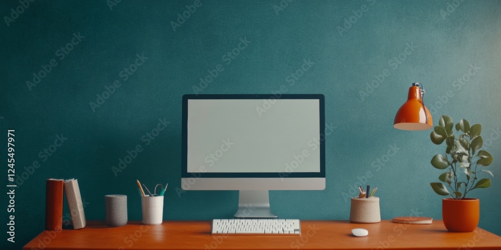 Poster minimalist office workspace for enhanced productivity sleek computer monitor and eco-friendly statio