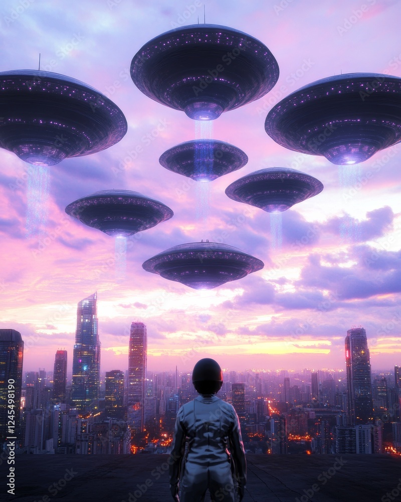 Poster sci-fi cityscape art neon skyline with flying saucers and silver spacesuit - futuristic content crea