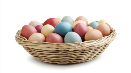 closeup of colorful easter eggs in basket isolated