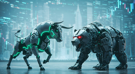 Metallic Bull and Bear: A Futuristic Stock Market Showdown