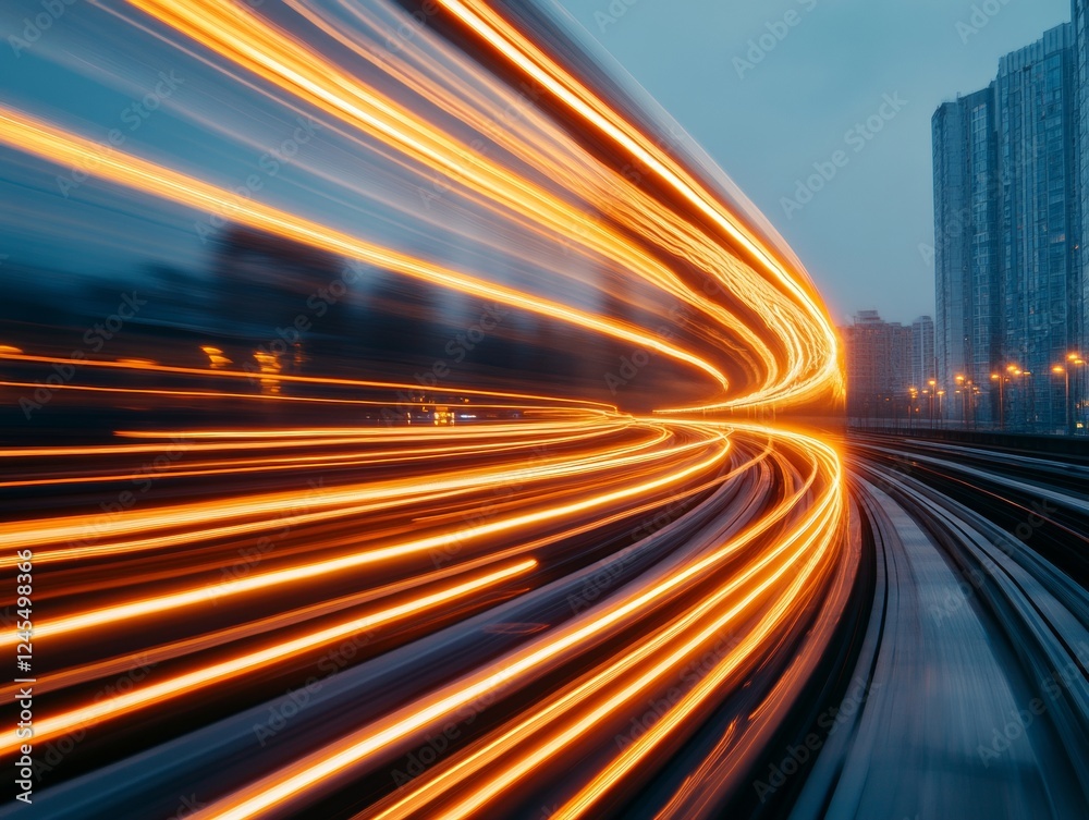 Poster Dynamic Urban Transit Visualization Luminous Speed Lines on Curved Subway Track - Modern Mobility Content for Smart City Innovation and Transportation Marketing
