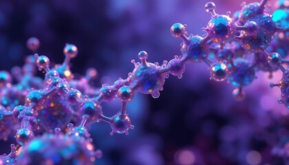 Microscopic view of a complex molecule structure, 3D rendering, vibrant purple and blue hues, detailed atomic bonds, scientific illustration, abstract background.