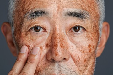 Close up portrait of senior Asian man s face showing age spots and wrinkles