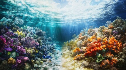 Fototapeta premium Vibrant coral reef under clear sunlight compared to a dull, bleached reef under murky waters
