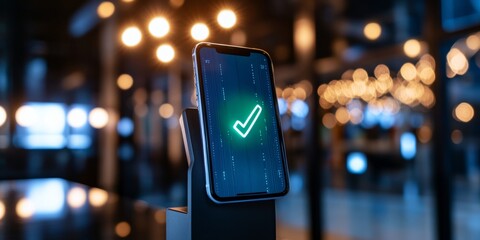 Minimalist Fintech Interface Sleek Smartphone with Payment Confirmation at High-Tech Cafe Terminal Enhancing Digital Experiences in Modern Retail Environments