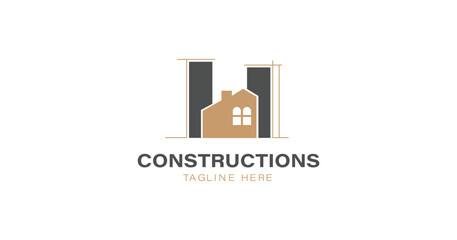 Obraz premium Black and Gold Real Estate Logo Image on White Background. The logo features a stylized image of a house nestled between two vertical lines, Construction Heights, Architectural Designs