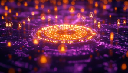 Abstract digital design of glowing particles and icons representing connections in a vibrant purple and orange color palette, symbolizing technology and networking