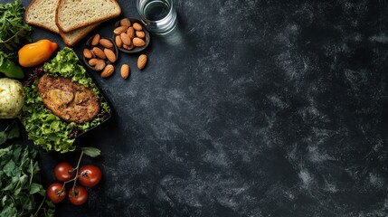 School lunch box with sandwich, vegetables, water, almonds and fruits on black chalkboard. Healthy eating habits concept - background layout with free text space. Flat lay composition (top view).