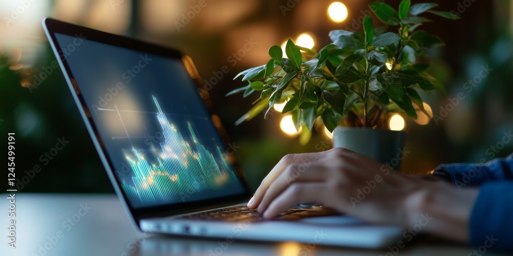Poster Modern Eco-Workspace Vibes Laptop with Data Visuals and Greenery on Sleek Desk - Professional Digital Workflow and Sustainable Business Trend