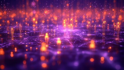 Fototapeta premium Abstract Digital Network Illustration Featuring Floating Human Figures and Glowing Particles in Vibrant Purple and Orange Colors