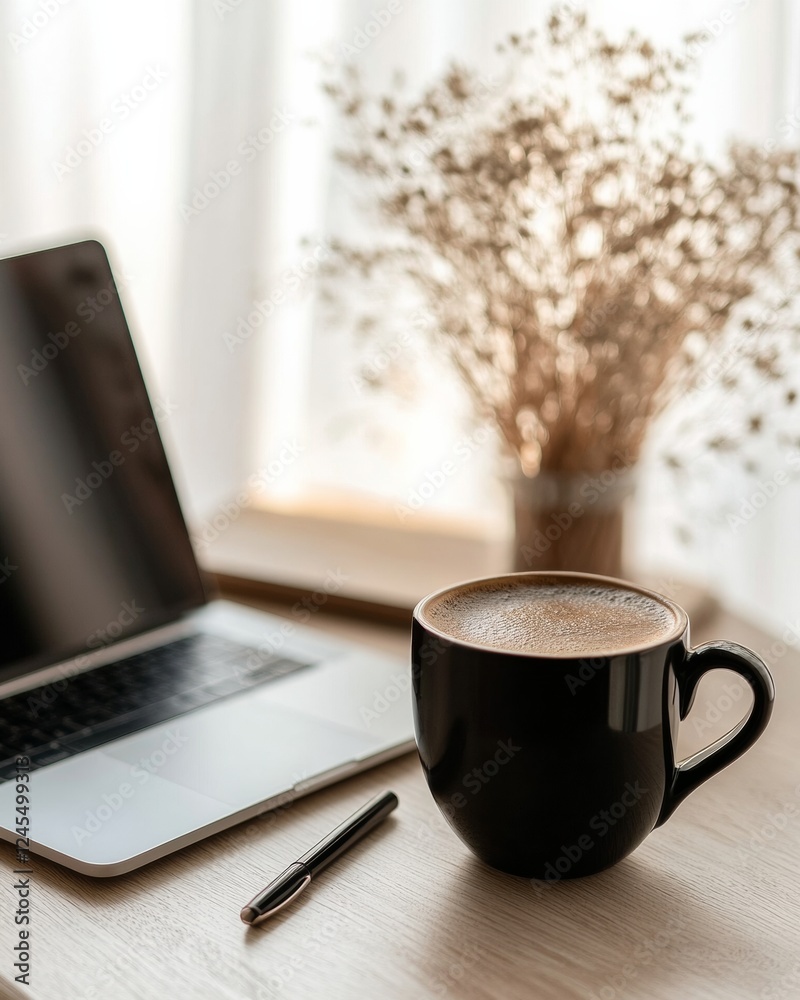 Poster minimalist workspace aesthetic oak desk with modern laptop and coffee - enhancing focus and creativi