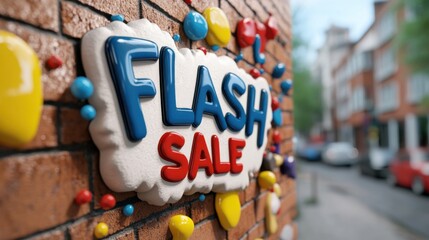 Vibrant 3D graffiti style label with bold  FLASH SALE  text displayed on a brick wall in an urban setting a bright and attention grabbing advertisement for a retail promotion or discount