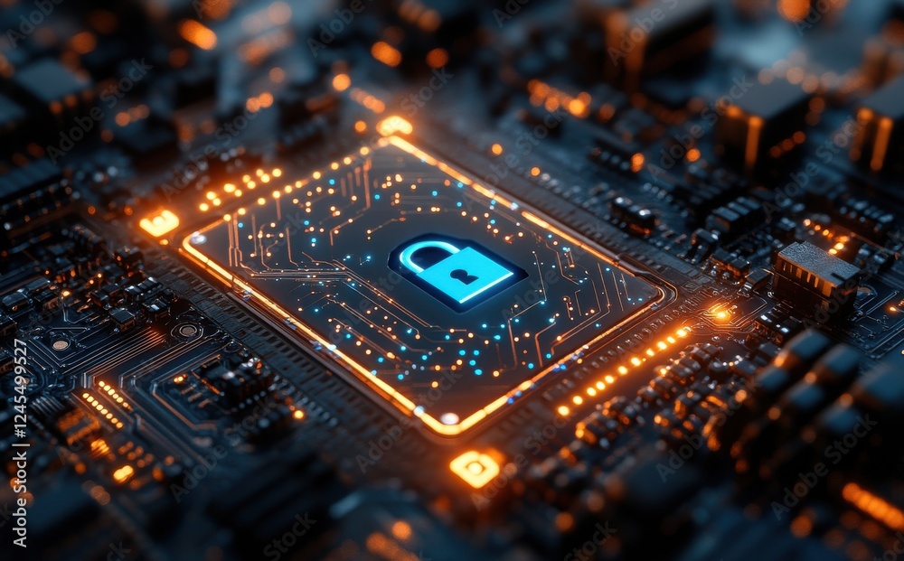 Aufkleber abstract digital security concept with glowing padlock symbol on circuit board background representi