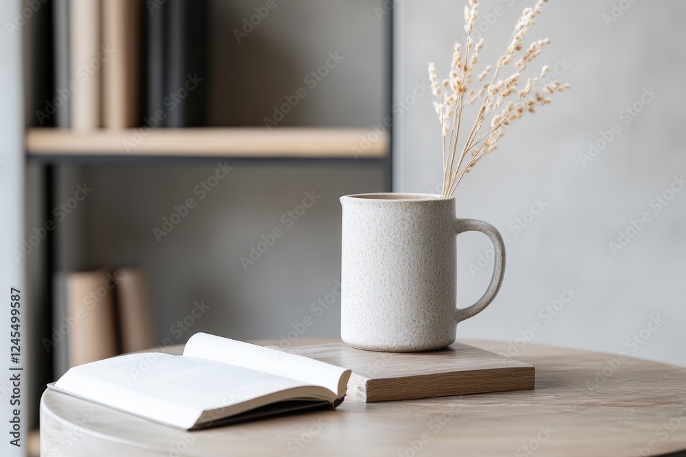 Poster scandinavian minimalist decor ceramic mug and open book on wooden table in modern library - content 