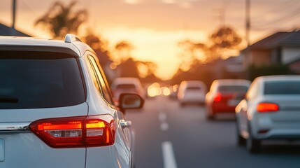 Fototapeta premium Suburban street scene with heavy traffic of cars and vehicles passing by during the morning commute at dusk with a warm orange and pink sunset sky in the background