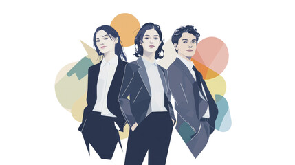 A stylized illustration depicts three young professionals two women and a man in business suits conveying teamwork and success.