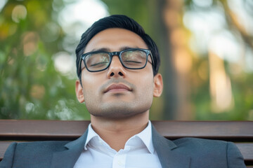 Fototapeta premium Young Asian Male Relaxing on Park Bench in Business Attire with Eyes Closed