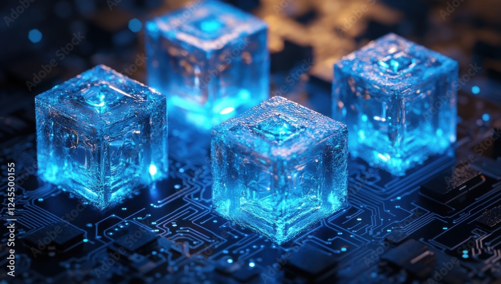 Poster abstract futuristic digital technology design featuring glowing ice cubes on a circuit board backgro