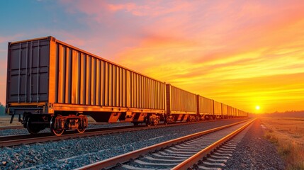 Fototapeta premium Scenic sunset view of a busy rural train yard where freight containers and cargo are efficiently organized and transported by a team of workers The image showcases the logistics infrastructure