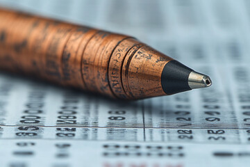 Copper Pen on Spreadsheet: A close-up shot reveals a unique copper pen resting on a spreadsheet, its intricate details and warm tones contrasting against the cool, numerical data.