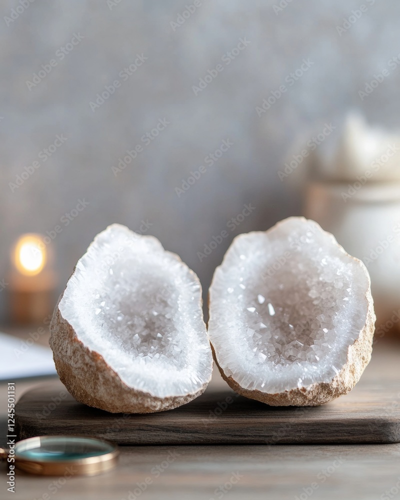 Poster minimalist geode display sparkling crystal geodes on wooden surface - geotourism content and modern 