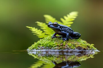 Obraz premium Eco-Conscious Design Vibrant Blue Poison Dart Frog on Mossy Rock - Rainforest Conservation Visuals for Sustainable Brands and Wildlife Education