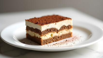 Slice of tiramisu cake on a white plate with cocoa powder. Perfect for food blogs, restaurant menus, dessert recipes, and promotional materials.