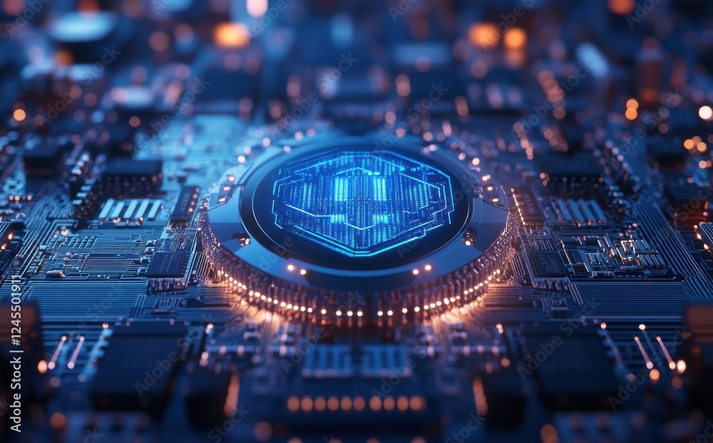 Poster abstract representation of a futuristic circuit board showcasing a glowing hexagonal symbol surround