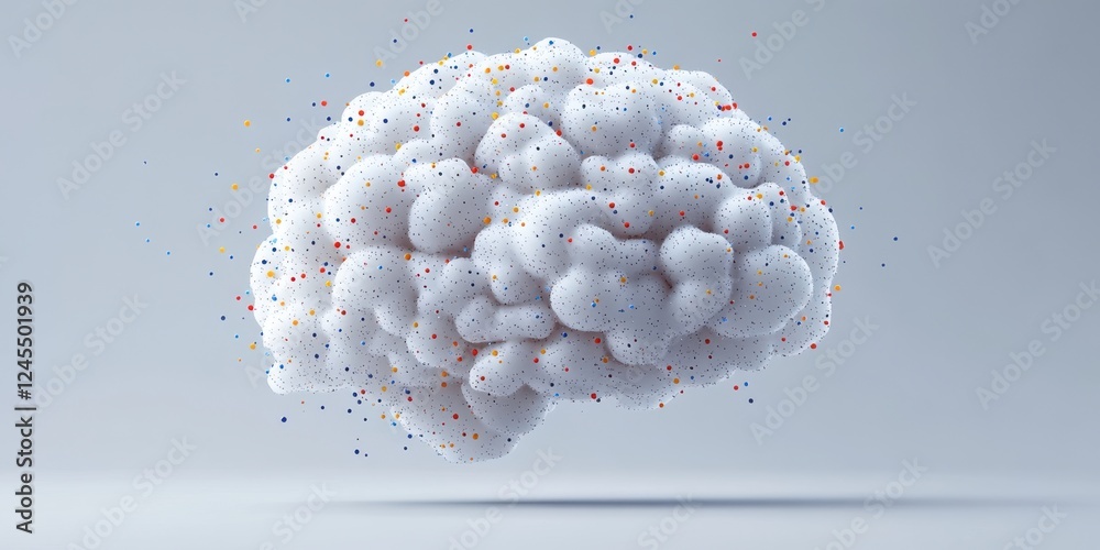 Poster abstract representation of a human brain with colorful dots floating in a gray background showcasing
