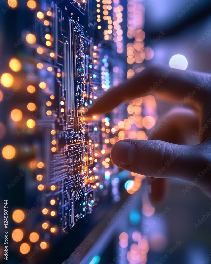Poster tech-chic energy interface hand interacting with illuminated circuit board and energy storage batter