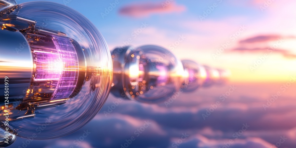 Poster futuristic chrome energy pods innovative floating solar systems with holographic interfaces - advanc