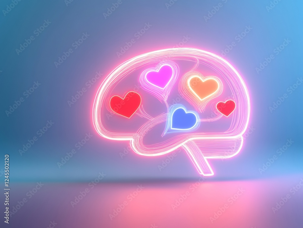 Fototapete neon brain and heart symbols futuristic glowing conceptual art for emotional intelligence workshops 