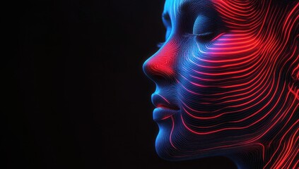 Abstract representation of a human face with glowing blue and red lines, creating a futuristic aesthetic in digital art and technology themes