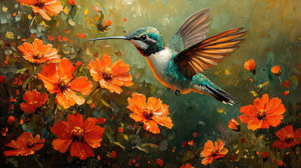 Vibrant oil painting of a hummingbird in flight, feeding from bright orange cosmos flowers.