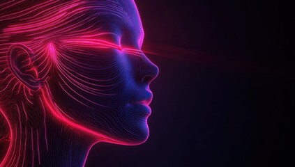 Obraz premium Abstract representation of a woman’s face with neon lines emitting vibrant colors, highlighting beauty, technology, and creativity in a futuristic style