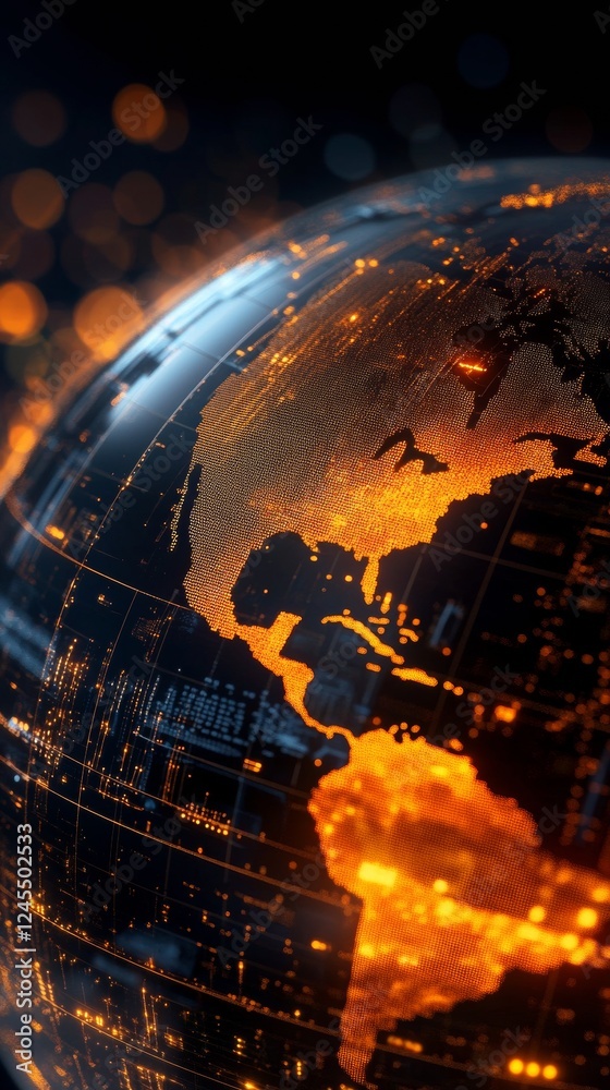 Poster Illuminated Global Economy Display Data-Driven Glowing Globe with Market Indicators in Tech-Infused Glass - Strategic Investment Insights and Financial Visualization