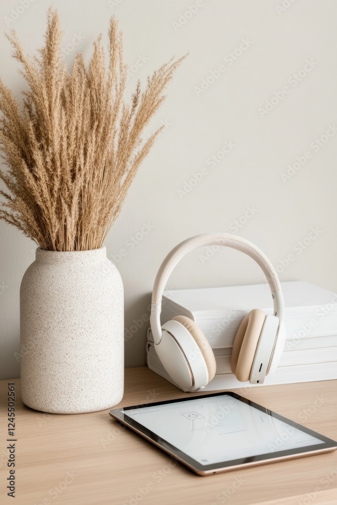 Poster Scandinavian Workspace Design Minimalist Home Office with Tablet and Headphones - Remote Learning and Productivity Enhancement in Modern Startup Environments
